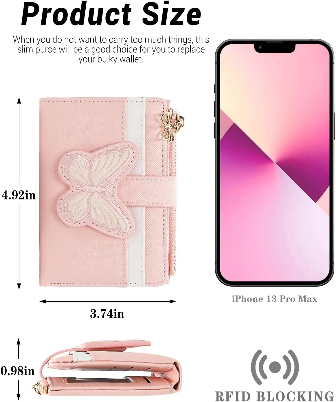 YINHEXI RFID Women’s Wallet, Butterfly Slim PU Leather Bifold with Zipper Coin Pocket & ID Window, Credit Card Holder, Butterfly Gift for Ladies, Teen Girls (Begonia Pink-2)