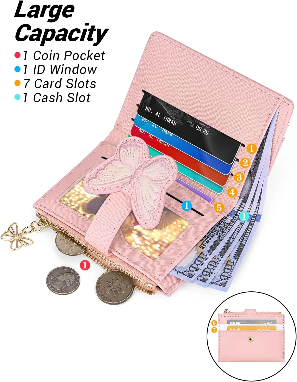 YINHEXI RFID Women’s Wallet, Butterfly Slim PU Leather Bifold with Zipper Coin Pocket & ID Window, Credit Card Holder, Butterfly Gift for Ladies, Teen Girls (Begonia Pink-2)