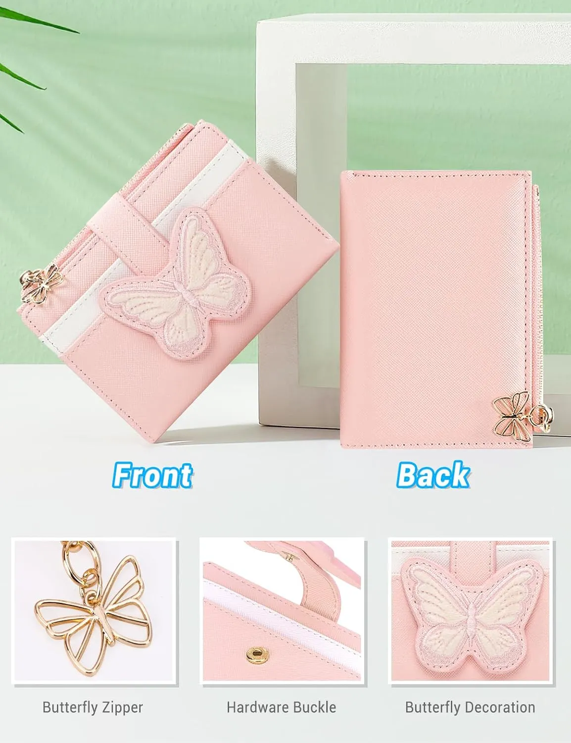 YINHEXI RFID Women’s Wallet, Butterfly Slim PU Leather Bifold with Zipper Coin Pocket & ID Window, Credit Card Holder, Butterfly Gift for Ladies, Teen Girls (Begonia Pink-2)
