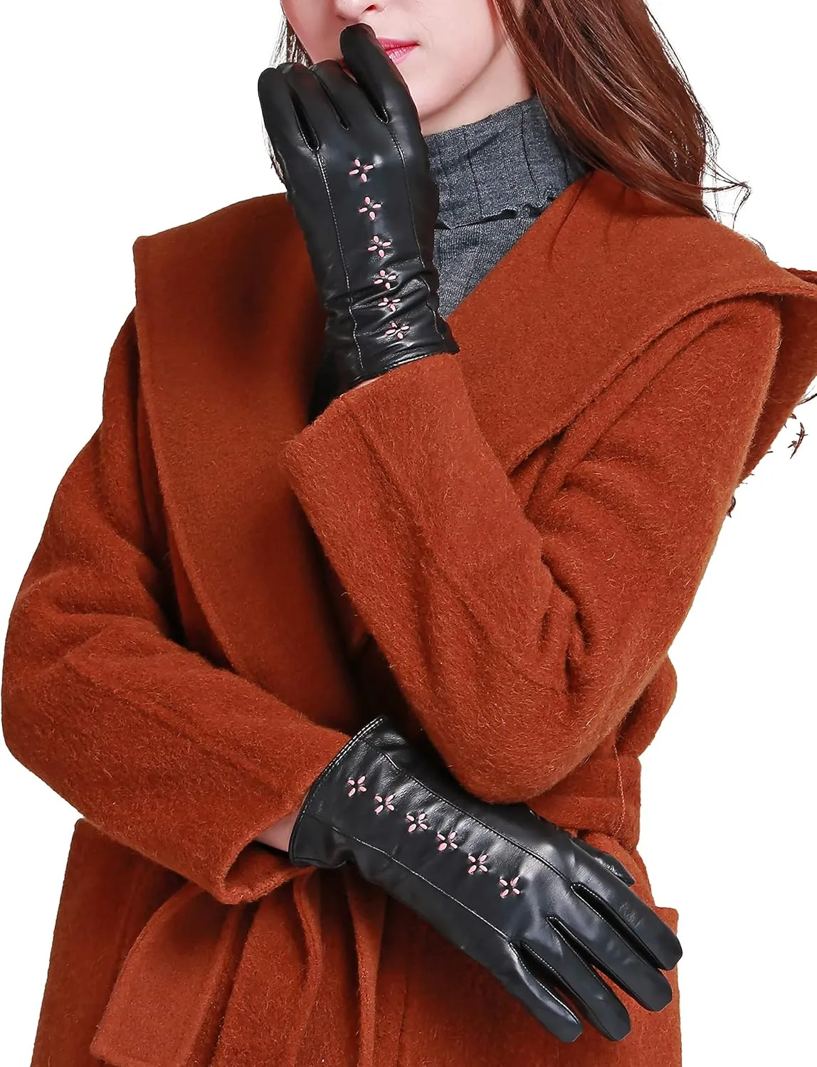 YISEVEN Women Winter Lambskin Touch Leather Gloves Fleece Lined