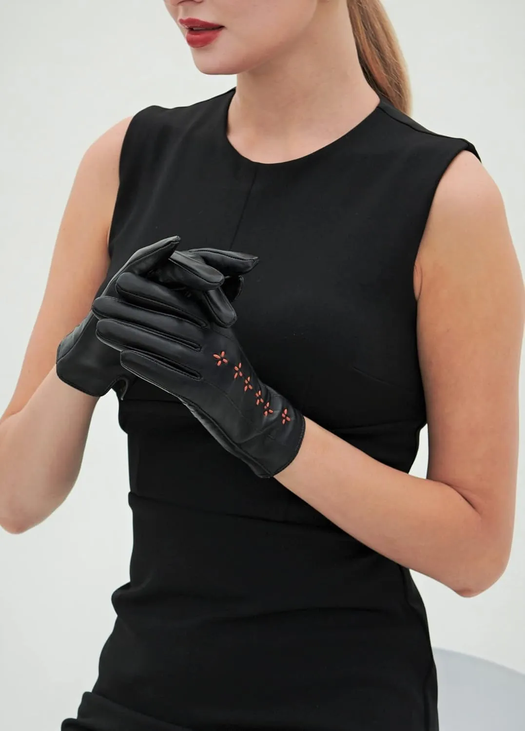 YISEVEN Women Winter Lambskin Touch Leather Gloves Fleece Lined