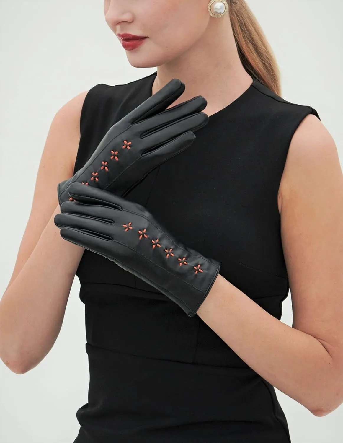 YISEVEN Women Winter Lambskin Touch Leather Gloves Fleece Lined