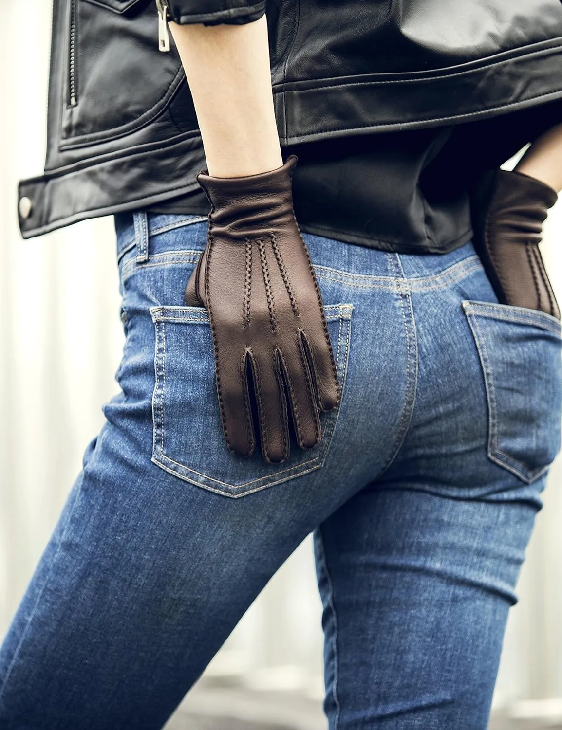YISEVEN Women's Deerskin Leather Gloves Hand Sewn