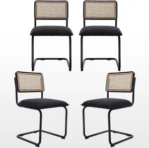 Zesthouse Natural Rattan Dining Chairs Set of 4, Modern Kitchen Chairs with Solid Wood Back for Dining Room Living Room, Mid Century Breuer Design Inspired, Upholstered Boule Fabric, Black