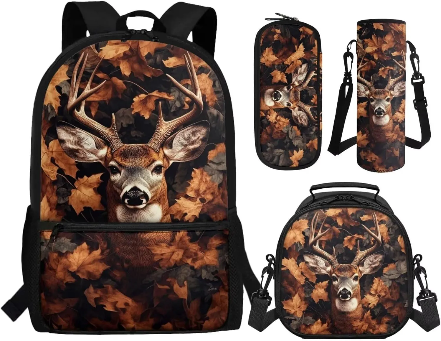 ZFRXIGN Camo Deer Backpack for Girls Back to School Bookbag with Lunch Bag Pencil Case and Cap Sleeve Toddler Elementary Travel 4 pack School Bag Sets Hunting Forest Brown