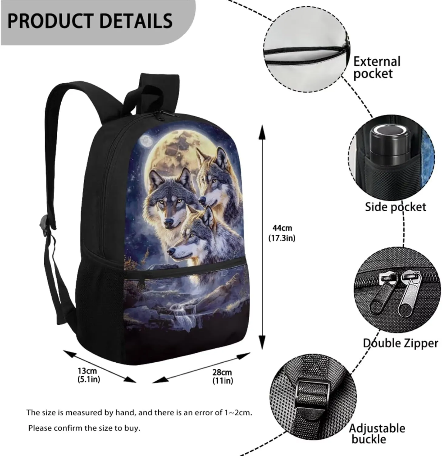 ZFRXIGN Wolf Moon Night Print Backpack for School Bookbag with Lunch Bag Zipper Pencil Case Cap Sleeve with Strap Elementary School Bag Set 17 Inch Backbag Front Pockets
