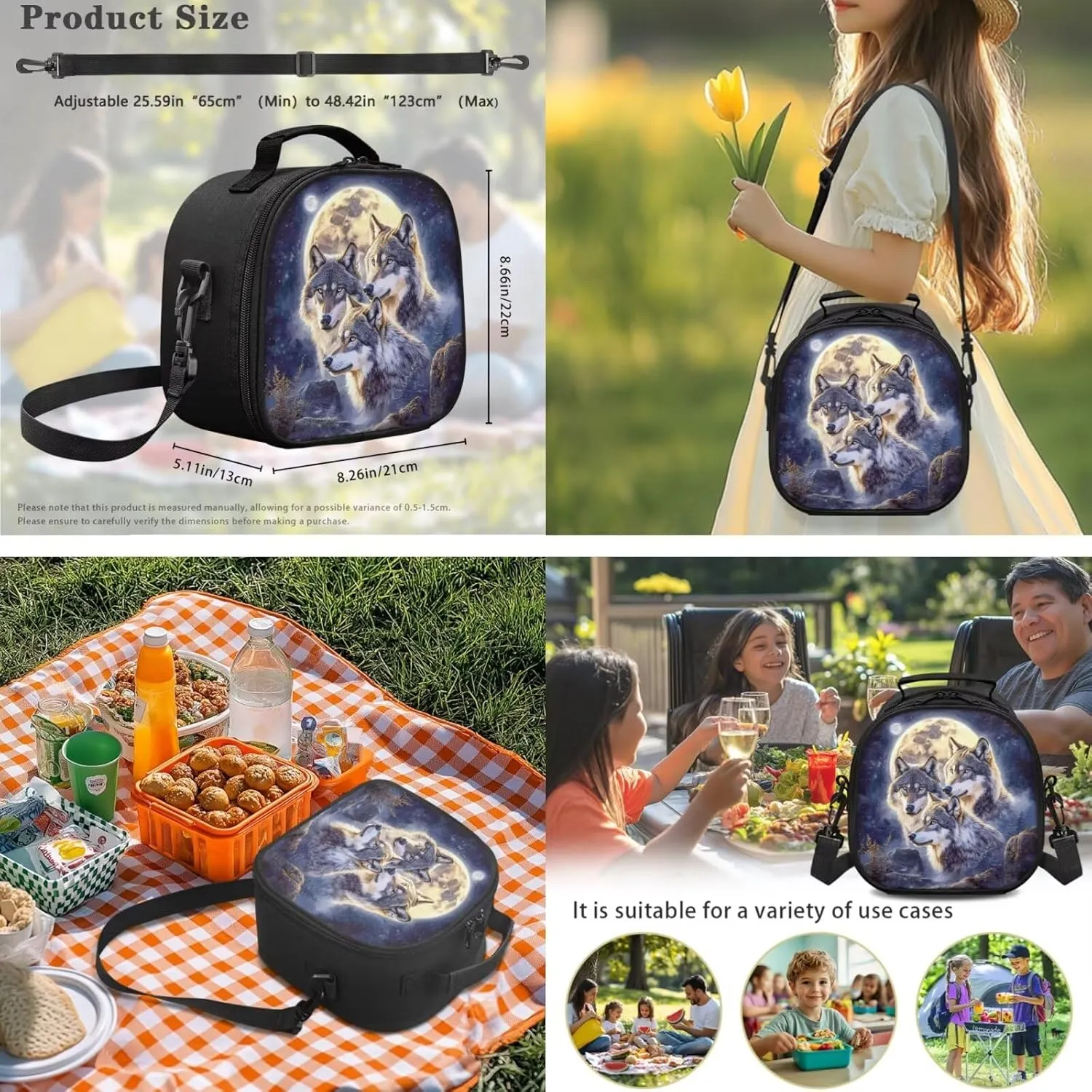 ZFRXIGN Wolf Moon Night Print Backpack for School Bookbag with Lunch Bag Zipper Pencil Case Cap Sleeve with Strap Elementary School Bag Set 17 Inch Backbag Front Pockets