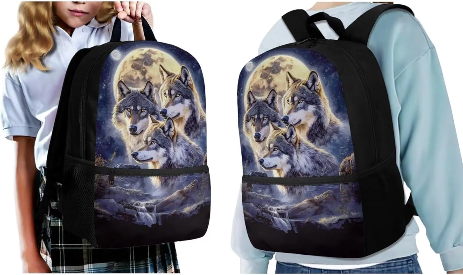 ZFRXIGN Wolf Moon Night Print Backpack for School Bookbag with Lunch Bag Zipper Pencil Case Cap Sleeve with Strap Elementary School Bag Set 17 Inch Backbag Front Pockets
