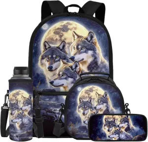 ZFRXIGN Wolf Moon Night Print Backpack for School Bookbag with Lunch Bag Zipper Pencil Case Cap Sleeve with Strap Elementary School Bag Set 17 Inch Backbag Front Pockets