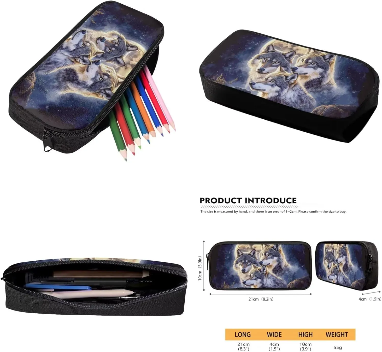 ZFRXIGN Wolf Moon Night Print Backpack for School Bookbag with Lunch Bag Zipper Pencil Case Cap Sleeve with Strap Elementary School Bag Set 17 Inch Backbag Front Pockets