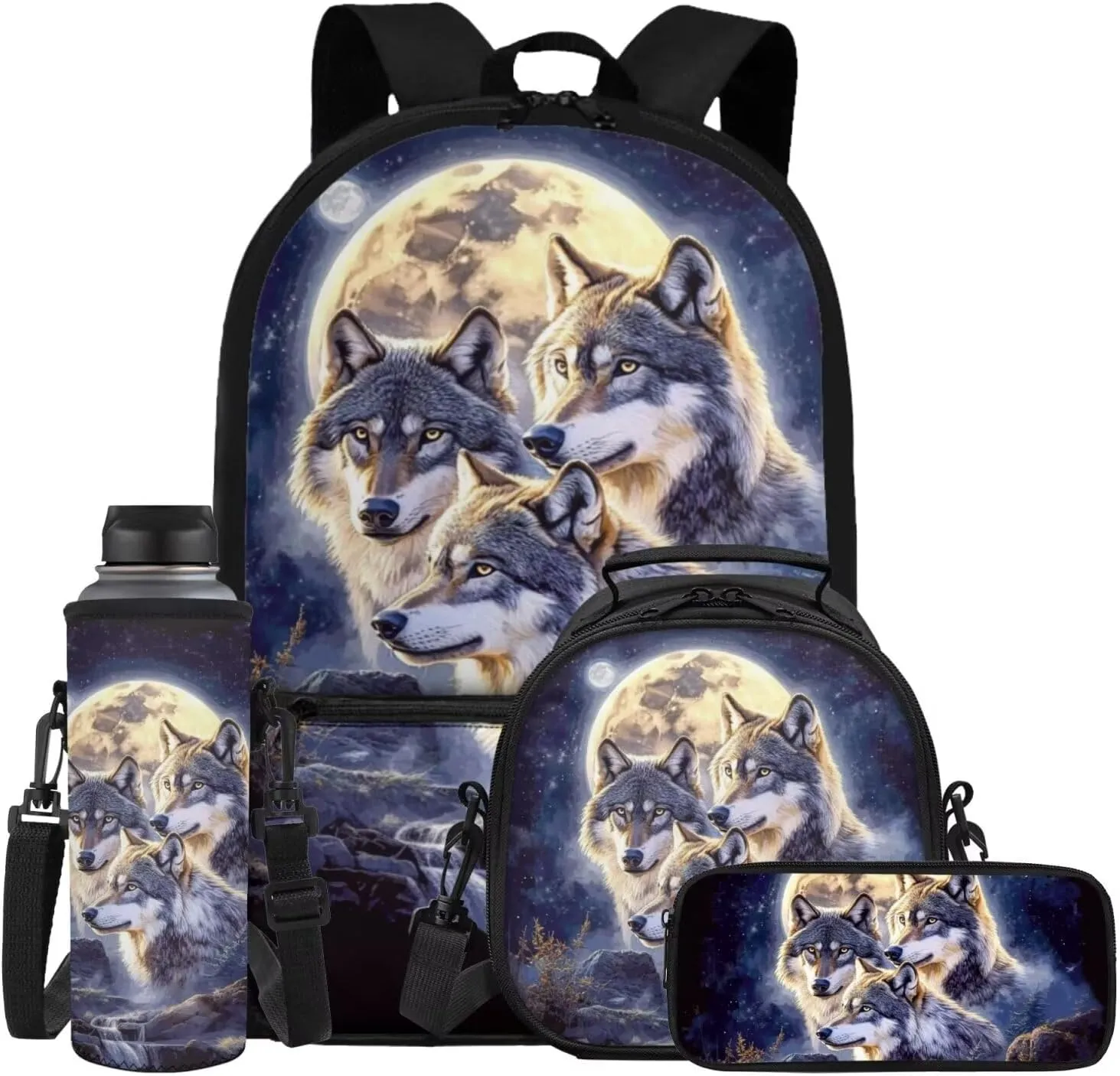ZFRXIGN Wolf Moon Night Print Backpack for School Bookbag with Lunch Bag Zipper Pencil Case Cap Sleeve with Strap Elementary School Bag Set 17 Inch Backbag Front Pockets