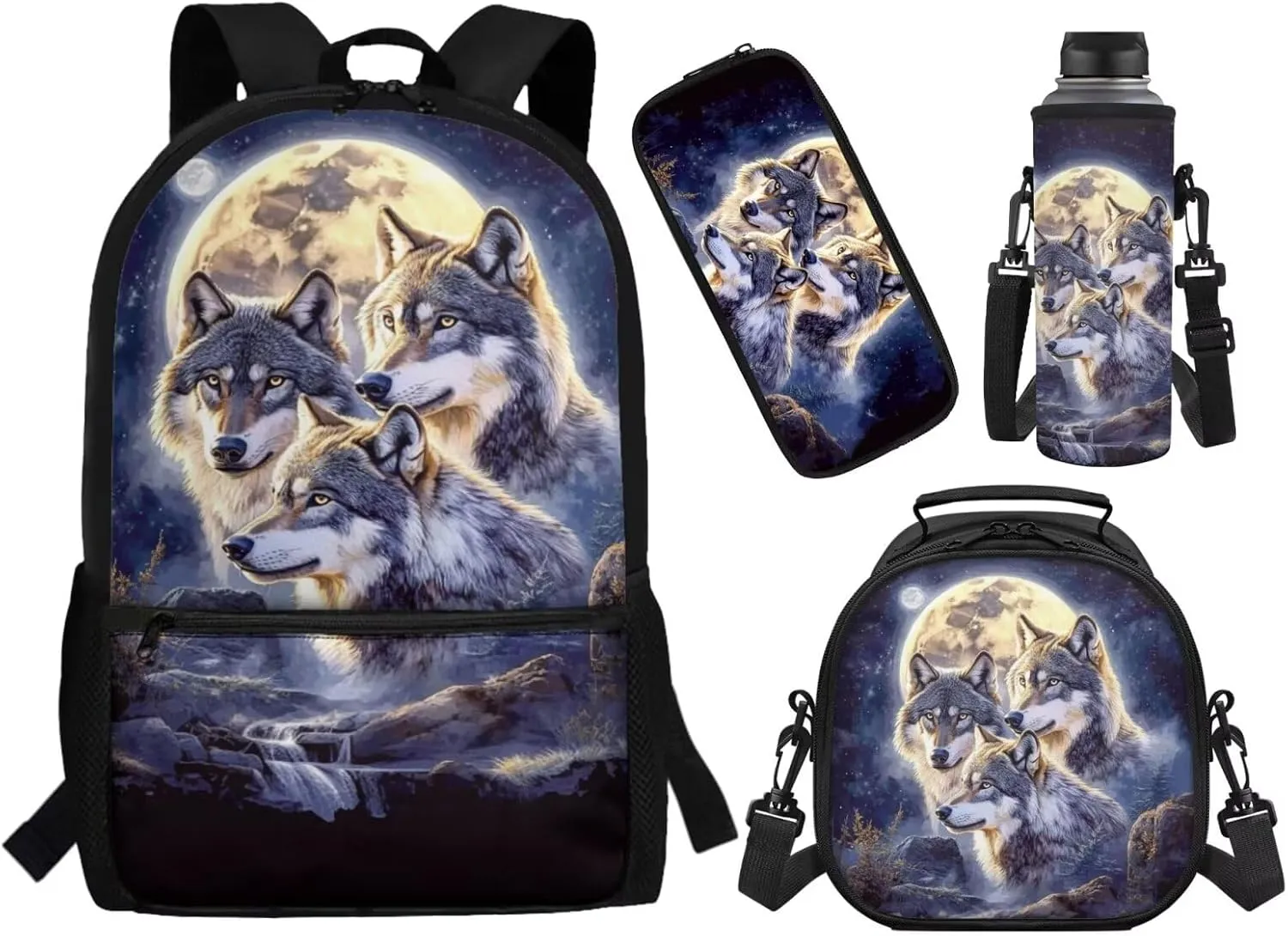ZFRXIGN Wolf Moon Night Print Backpack for School Bookbag with Lunch Bag Zipper Pencil Case Cap Sleeve with Strap Elementary School Bag Set 17 Inch Backbag Front Pockets