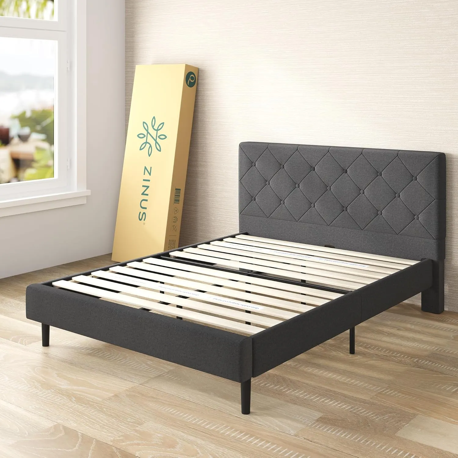 ZINUS King Shalini Upholstered Platform Bed Frame with Headboard [New WonderBox(TM) Version], Wooden Slat Support, No Box Spring Needed, Easy Assembly, Eco Friendly Packaging, Dark Grey