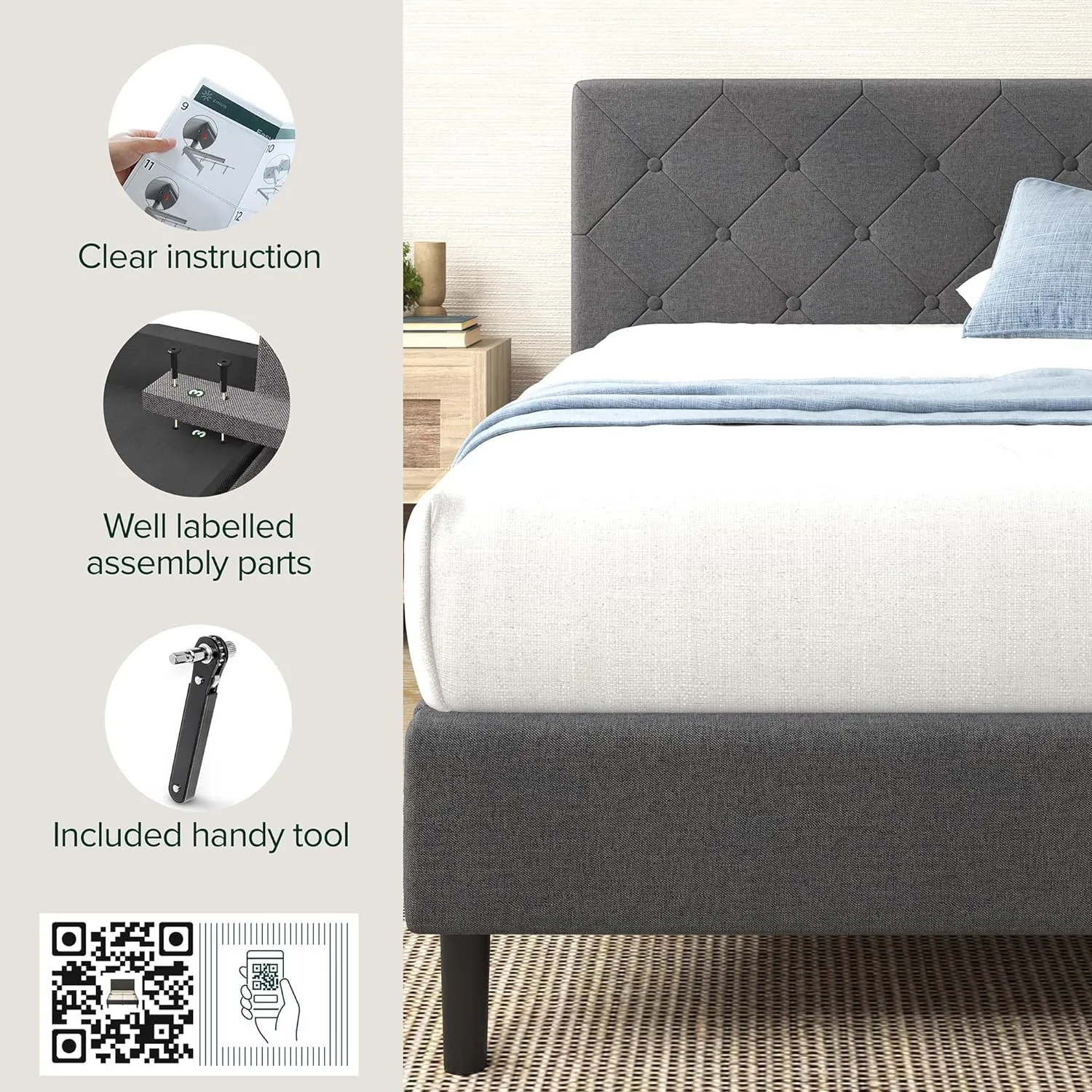 ZINUS King Shalini Upholstered Platform Bed Frame with Headboard [New WonderBox(TM) Version], Wooden Slat Support, No Box Spring Needed, Easy Assembly, Eco Friendly Packaging, Dark Grey