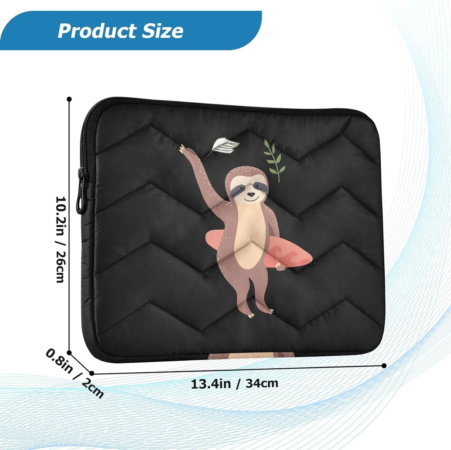 Zipper Laptop Messenger Bag, Case Sleeve Suitable for 15 in to 16 in Notebook Bag, Shoulder Strap Tablet Briefcase Print Sloth with Surfboard On Black