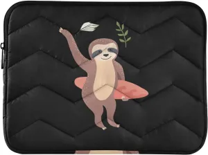 Zipper Laptop Messenger Bag, Case Sleeve Suitable for 15 in to 16 in Notebook Bag, Shoulder Strap Tablet Briefcase Print Sloth with Surfboard On Black