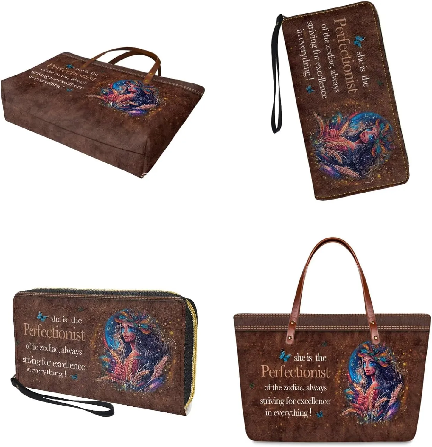 Zodiac Print Purse and Wallet Set for Women Lady, Large Tote Bag Top Handle Purse with Leather Wallet for Travel Date