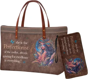 Zodiac Print Purse and Wallet Set for Women Lady, Large Tote Bag Top Handle Purse with Leather Wallet for Travel Date