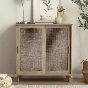 Zouron Rattan Entryway Cabinet with Sliding Doors, Accent Storage Cabinet with Woven Rattan Wicker, Wood Hallway Cabinet for Entryway, Hallway, Living Room, 1 Pcs