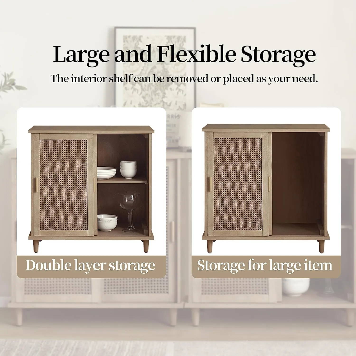 Zouron Rattan Entryway Cabinet with Sliding Doors, Accent Storage Cabinet with Woven Rattan Wicker, Wood Hallway Cabinet for Entryway, Hallway, Living Room, 1 Pcs