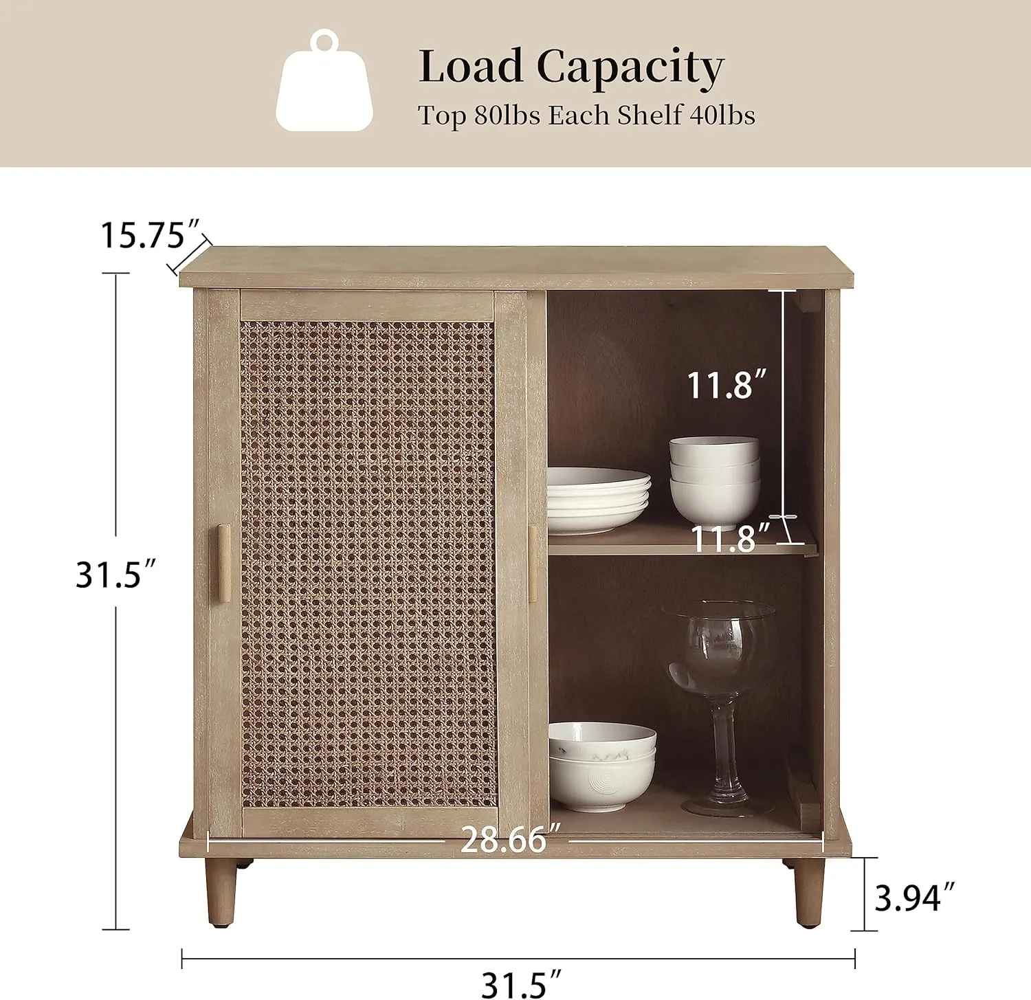Zouron Rattan Entryway Cabinet with Sliding Doors, Accent Storage Cabinet with Woven Rattan Wicker, Wood Hallway Cabinet for Entryway, Hallway, Living Room, 1 Pcs