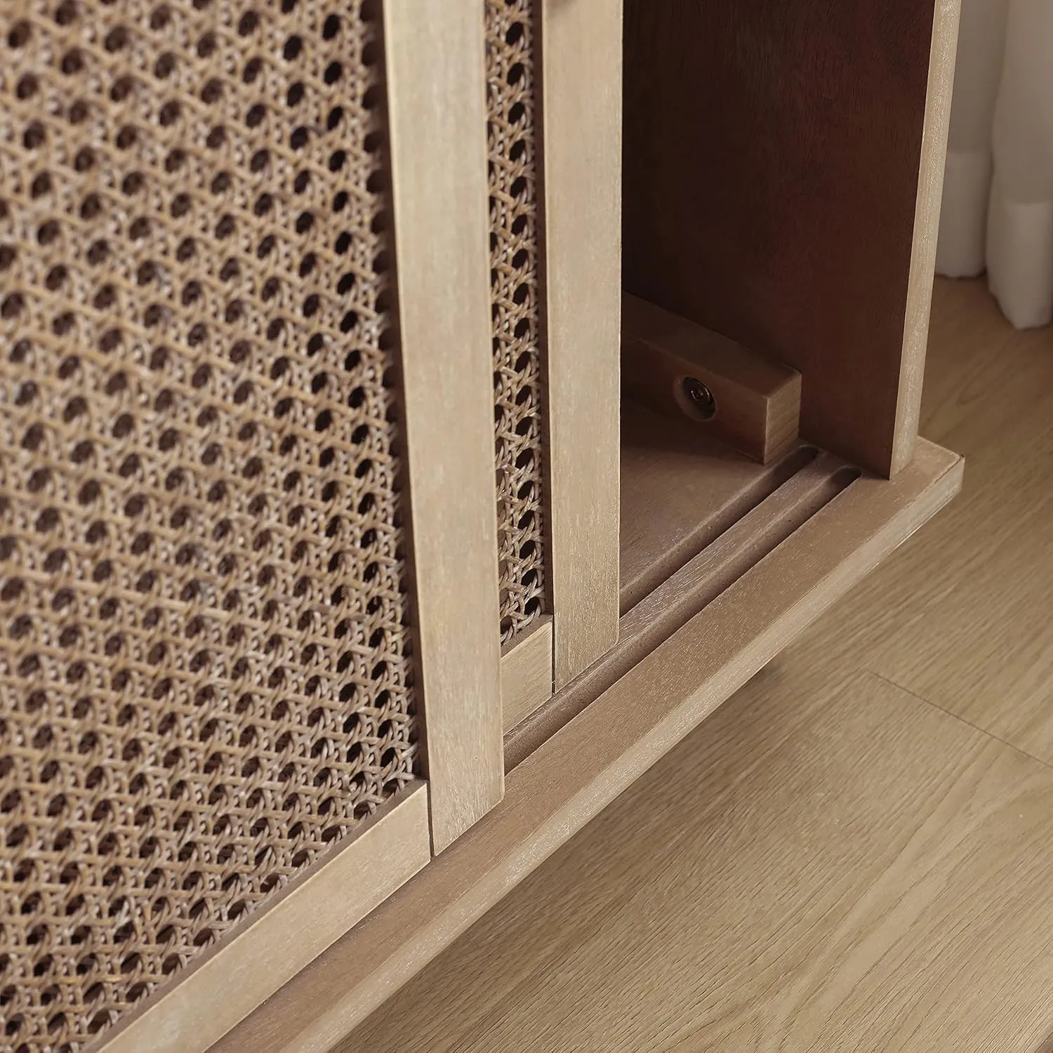 Zouron Rattan Entryway Cabinet with Sliding Doors, Accent Storage Cabinet with Woven Rattan Wicker, Wood Hallway Cabinet for Entryway, Hallway, Living Room, 1 Pcs