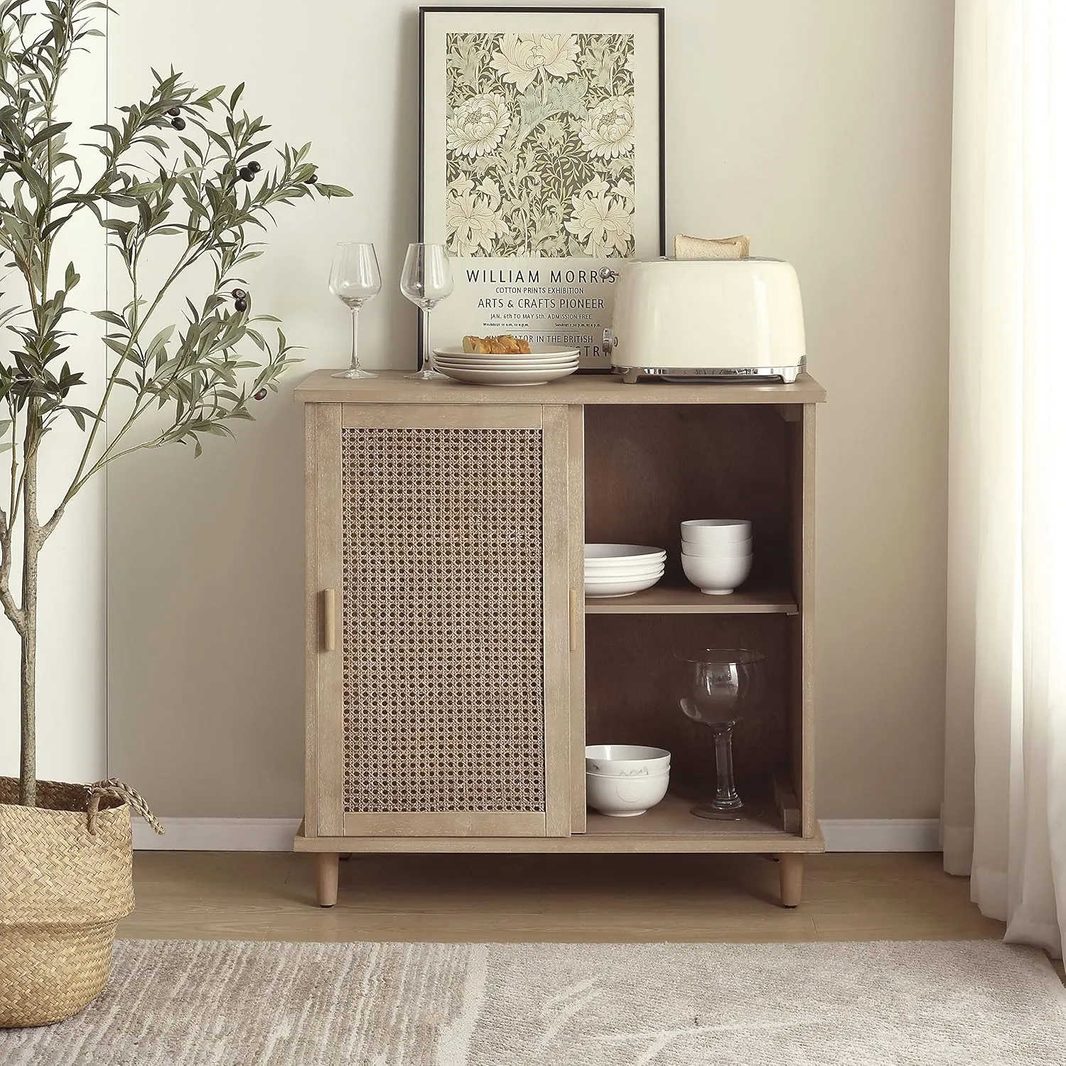 Zouron Rattan Entryway Cabinet with Sliding Doors, Accent Storage Cabinet with Woven Rattan Wicker, Wood Hallway Cabinet for Entryway, Hallway, Living Room, 1 Pcs