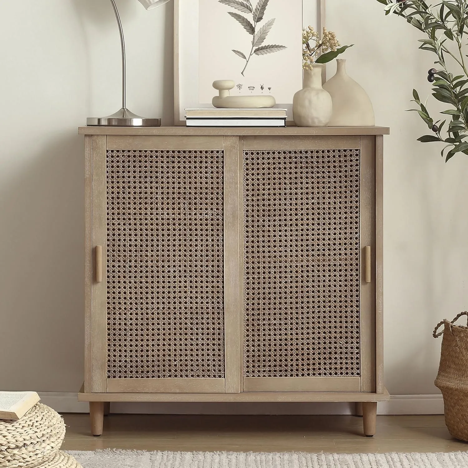 Zouron Rattan Entryway Cabinet with Sliding Doors, Accent Storage Cabinet with Woven Rattan Wicker, Wood Hallway Cabinet for Entryway, Hallway, Living Room, 1 Pcs