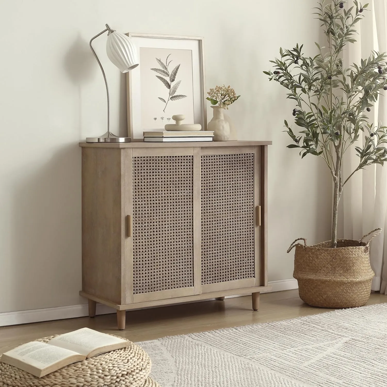 Zouron Rattan Entryway Cabinet with Sliding Doors, Accent Storage Cabinet with Woven Rattan Wicker, Wood Hallway Cabinet for Entryway, Hallway, Living Room, 1 Pcs