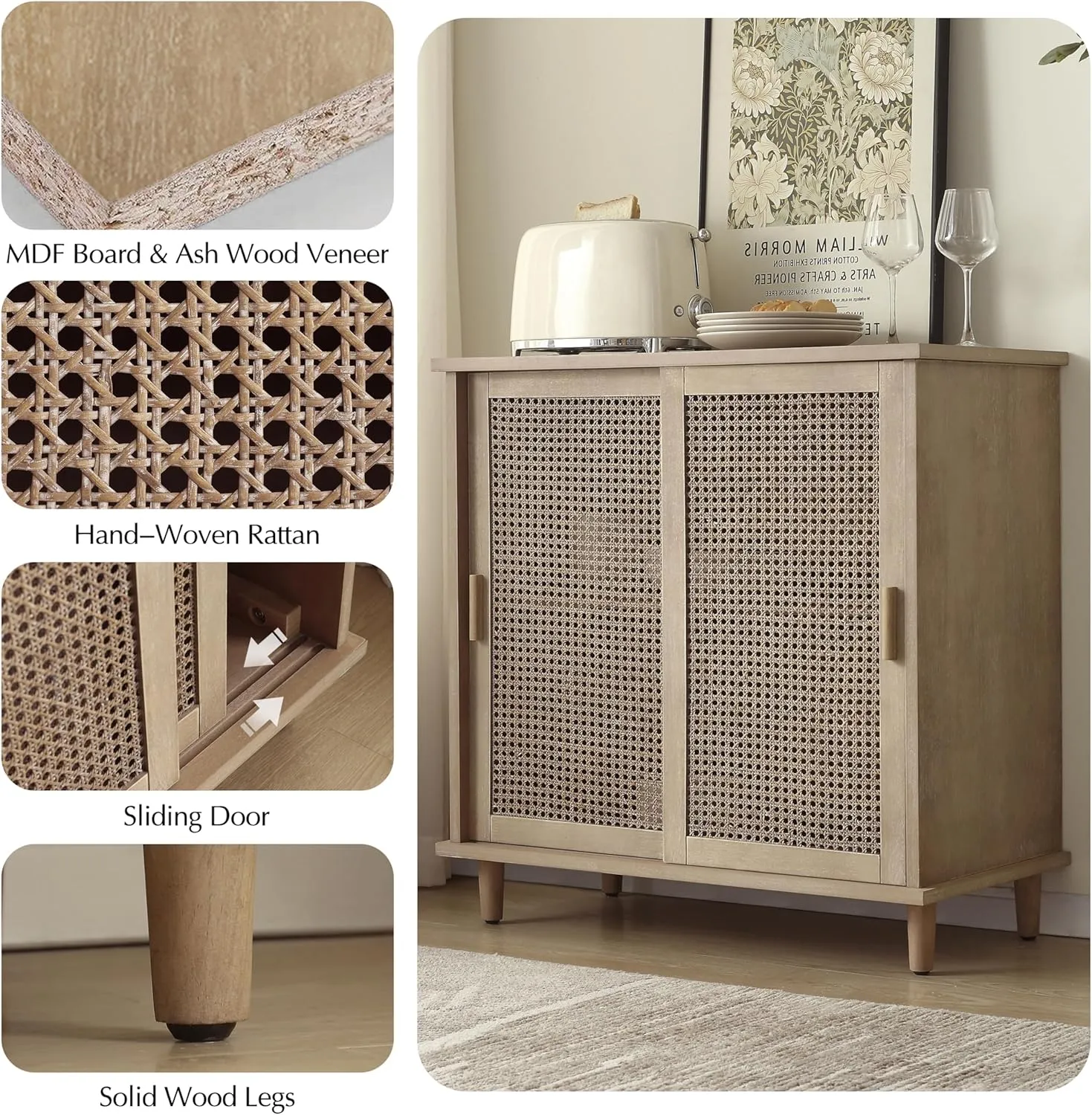 Zouron Rattan Entryway Cabinet with Sliding Doors, Accent Storage Cabinet with Woven Rattan Wicker, Wood Hallway Cabinet for Entryway, Hallway, Living Room, 1 Pcs
