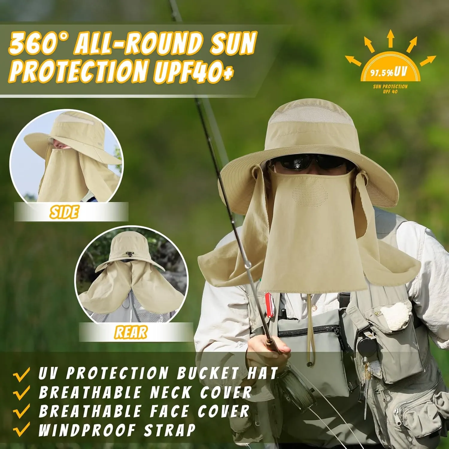 zowya Wide Brim Sun Hat with Face&Neck Cover,UPF50  Sun Protection Hiking Camping Fishing for Women,S/M